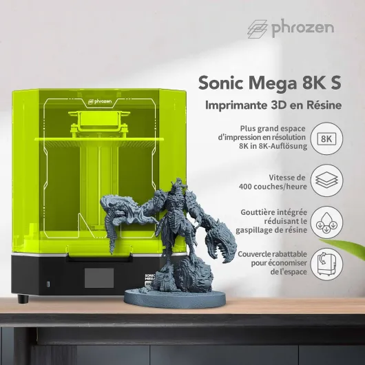 Sonic Mega 8K S Imprimante 3D Résine Professionnelle Grand Format - LCD Monochrome 15" 8K 43 μm - Volume 330 × 185 × 300 mm - Impression Haute Vitesse pour Figurines, Prototypage et Production
