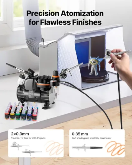 Kit Aérographe avec Compresseur d’Air 1/6 HP, Compresseur Aérographe avec 3 Pistolets à Double Action, 3 Buses, Tuyau, Peinture Acrylique et Pinceaux, Décoration Pâtisserie Onglerie Modélisme
