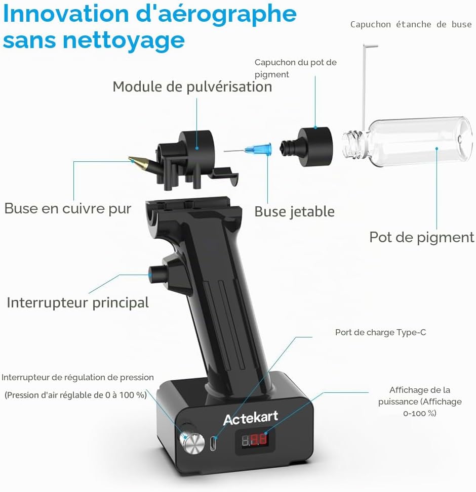 Kit de peinture aérographe sans nettoyage avec buse jetable (50 pièces x 0,2 mm & 100 pièces x 0,3 mm & 100 pièces x 0,5 mm buses jetables), rechargeable, portable, sans fil 213252
