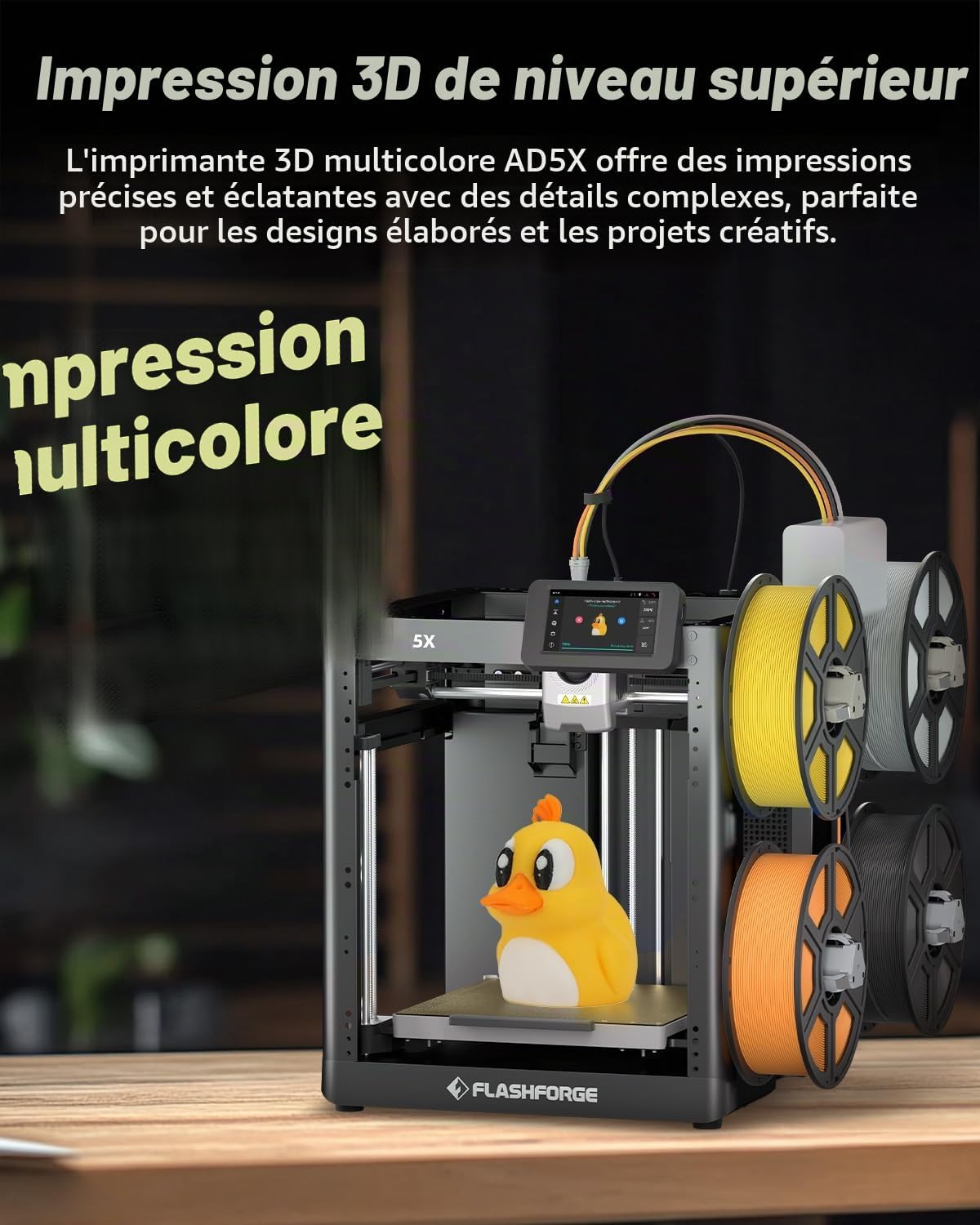 AD5X Imprimante 3D Multicolore, CoreXY 600mm/s Niveau Automatique Haute Vitesse 300°C Extrudeuse à Entraînement Direct, Volume de Construction 220x220x220mm