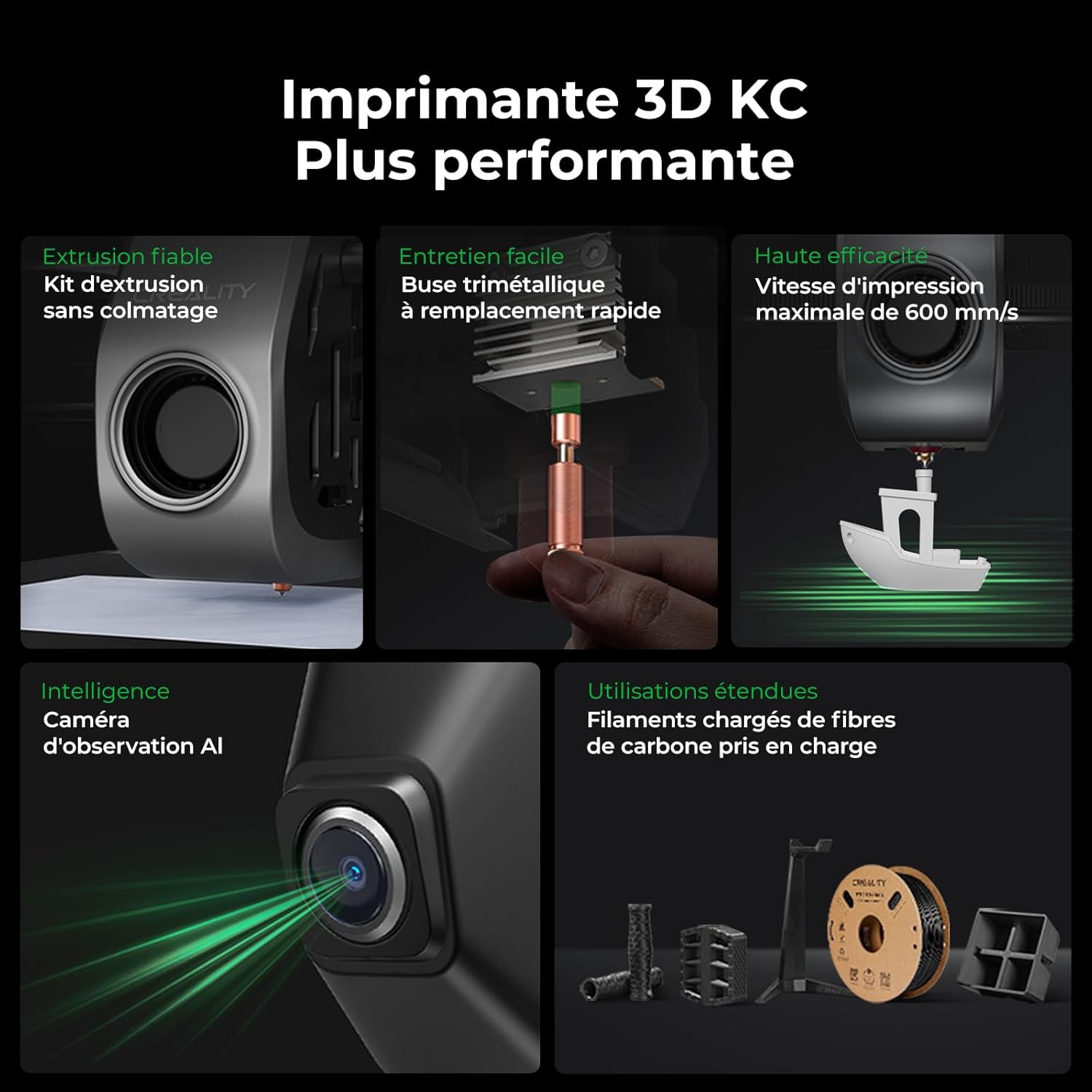 K1C Imprimante 3D, Haute Vitesse 600mm/s, Nivellement Automatique avec Caméra AI, Prend en Charge Les Filaments en Fibre de Carbone, 220x220x250mm pour Débutants Famille École