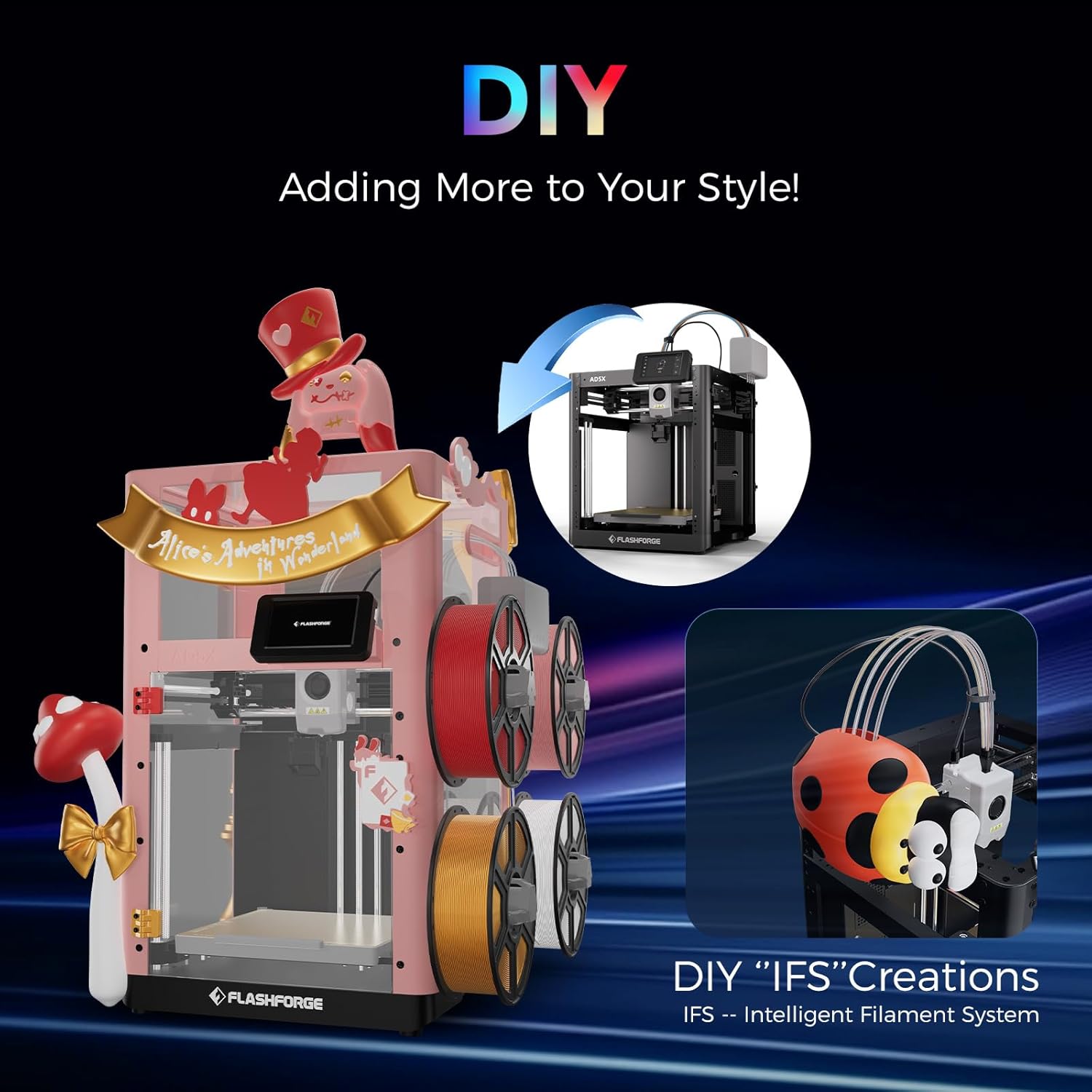 Imprimante 3D Flashforge Adventurer 5X avec Impression Multicolore, Personnalisation avec IFS, Imprimante 3D AD5X Multi-matériaux/Nivellement Entièrement Automatique, Vitesse Maximale : 600 mm/s