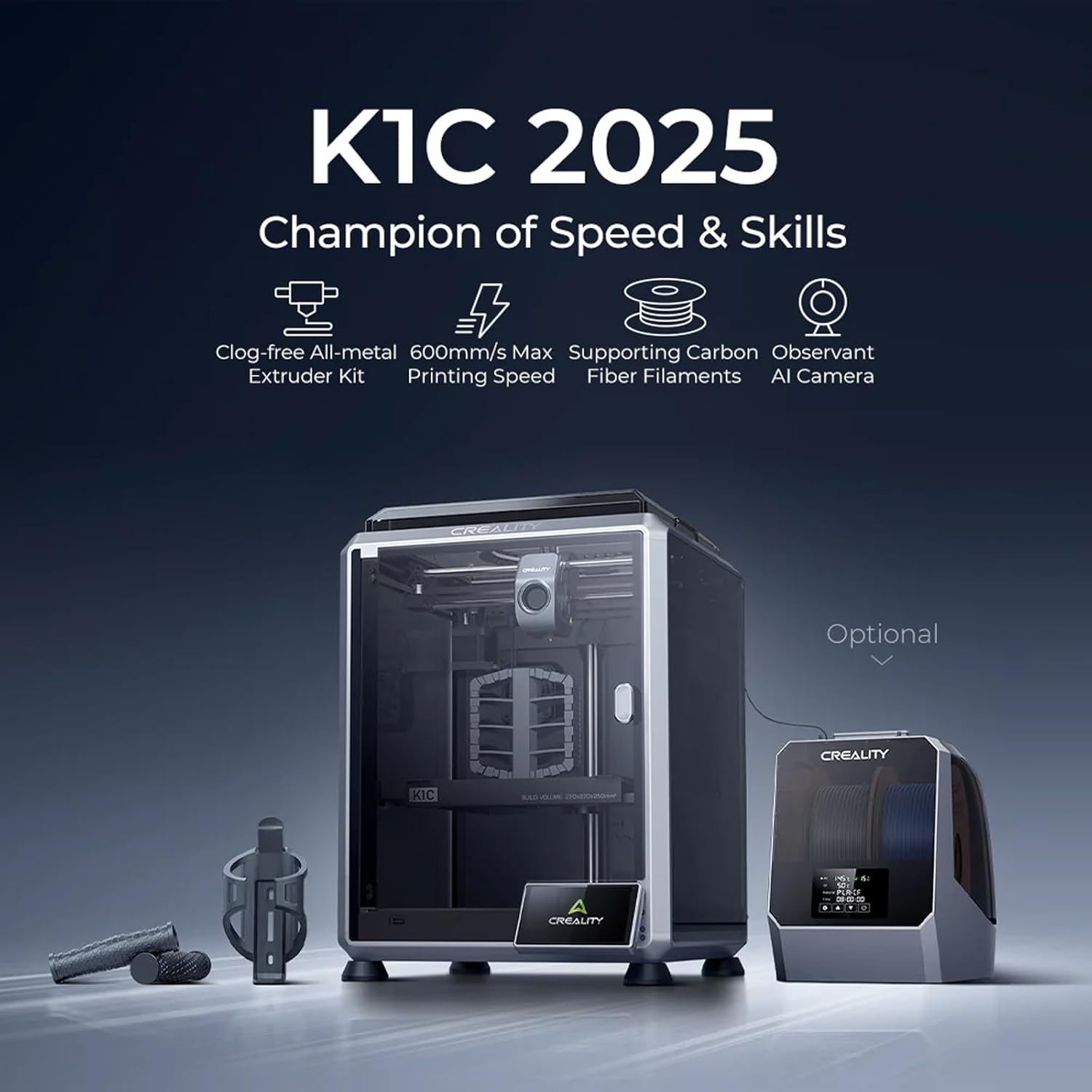 Imprimante 3D K1C 2025, prend en charge l'impression multicolore CFS, nivellement automatique et caméra IA, vitesse 600 mm/s, impression pour débutants et professionnels