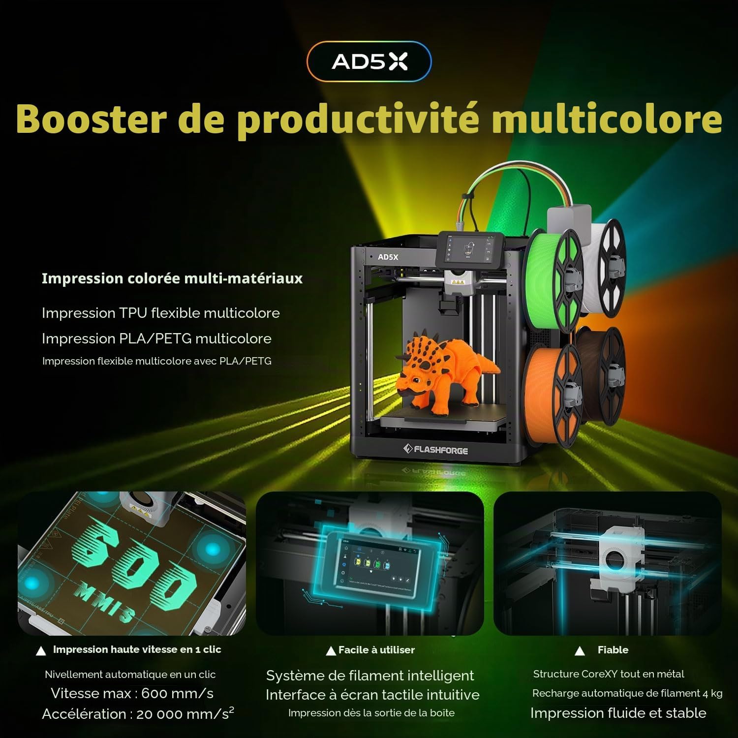 AD5X Imprimante 3D multi-matériaux, multicolore, vitesse 600 mm/s, impression en 1 clic, créations IFS, calibrage automatique, sauvegarde filaments