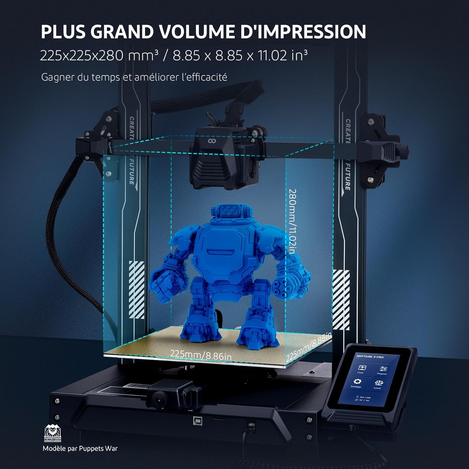 Neptune 3 Pro Imprimante 3D FDM avec Nivellement Automatique du Lit, Extrudeuse Directe à Double Engrenage, Double Entraînement par Vis-mère, Écran Capacitif Amovible, 225x225x280 mm³