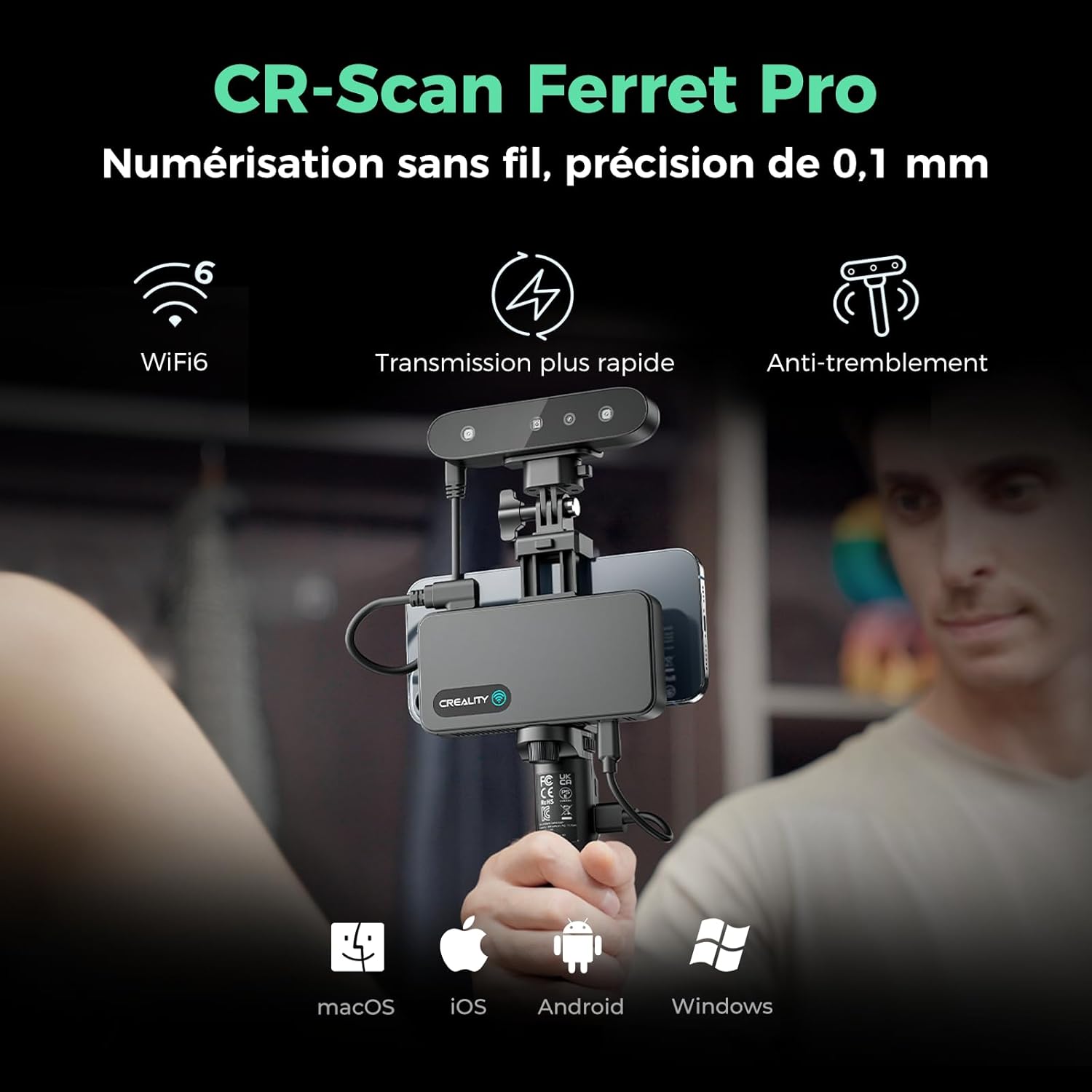 Ferret Pro Scanner 3D, précision de 0,1 mm, WiFi 6 sans fil, technologie anti-tremblement, couleurs 24 bits pour métaux/noir (sans spray), extérieur jusqu'à 30k Lux, compatible avec Mac/iOS