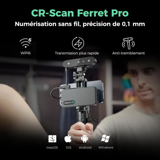 Ferret Pro Scanner 3D, précision de 0,1 mm, WiFi 6 sans fil, technologie anti-tremblement, couleurs 24 bits pour métaux/noir (sans spray), extérieur jusqu'à 30k Lux, compatible avec Mac/iOS