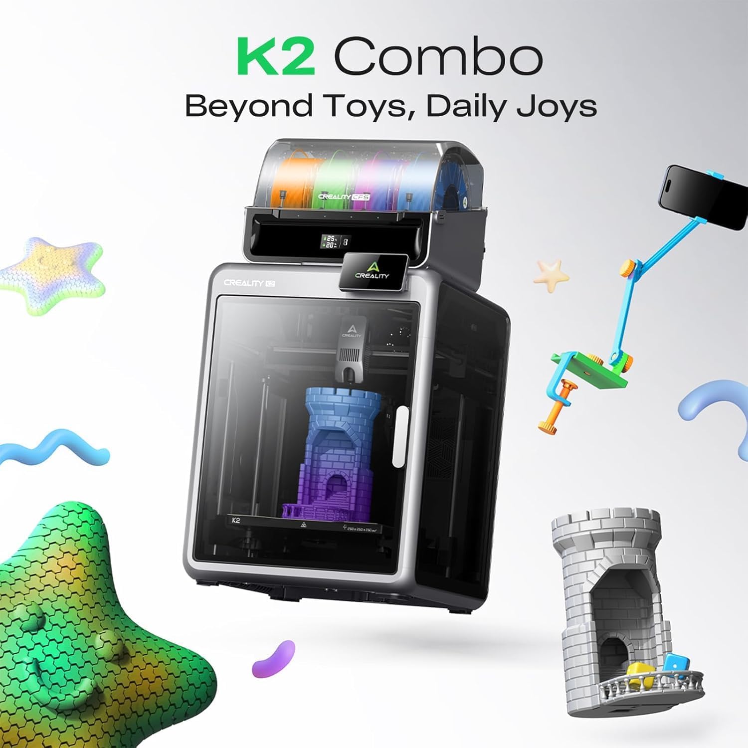 K2 Combo (A) Imprimante 3D, Multicolore avec CFS, Haute Vitesse Jusqu'à 600 mm/s, Caméra IA pour la Détection des Erreurs d'impression, Nivellement Automatique Intelligent, 260 x 260 x 260 mm Noir avec des accents argentés Machine complète