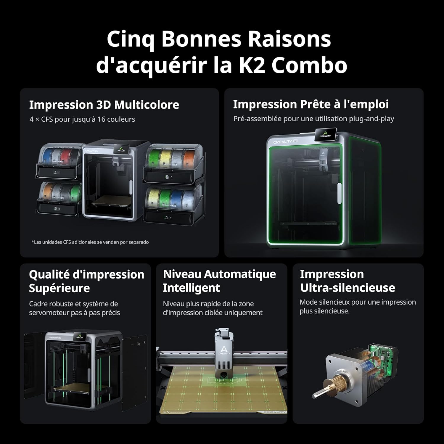 K2 Combo (A) Imprimante 3D, Multicolore avec CFS, Vitesse d'impression Maximale de 600 mm/s, Nivellement Automatique Intelligent et Caméra IA, Volume d'impression de 260×260×260 mm Noir
