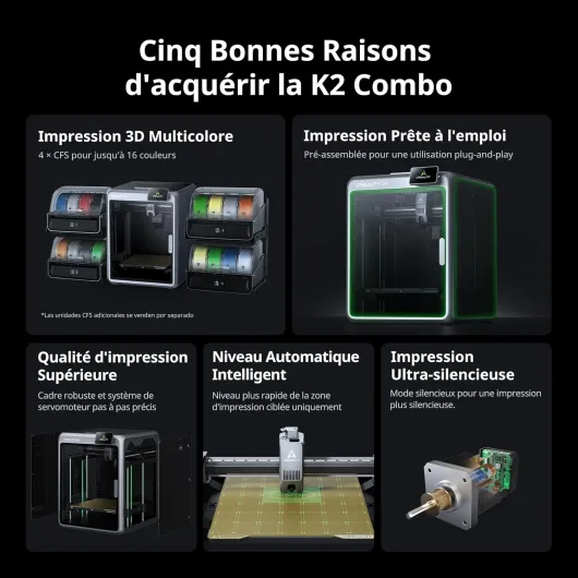 K2 Combo (A) Imprimante 3D, Multicolore avec CFS, Vitesse d'impression Maximale de 600 mm/s, Nivellement Automatique Intelligent et Caméra IA, Volume d'impression de 260×260×260 mm Noir