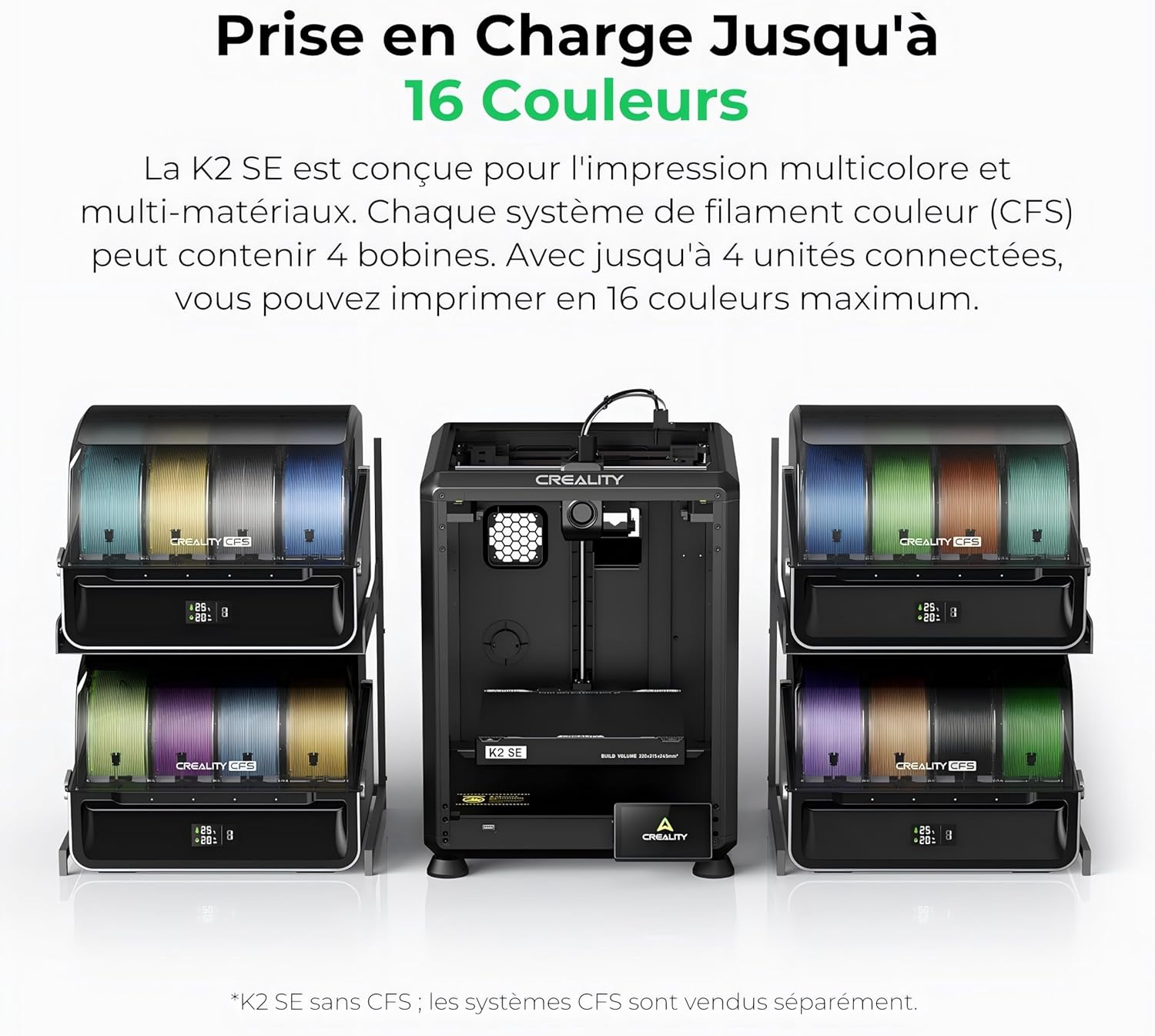 K2 SE Imprimante 3D Multicolore avec CFS, Impression Haute Vitesse à 500 mm/s, Nivellement Automatique, Extrudeuse à Entraînement Direct, Taille d'impression 220 × 215 × 245 mm Noir Machine complète