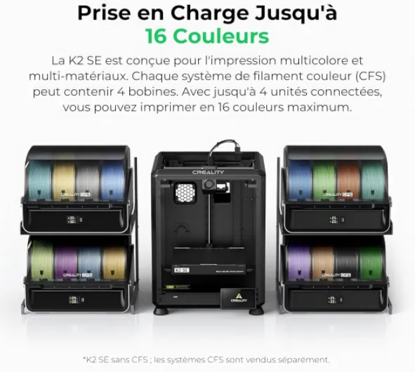 K2 SE Imprimante 3D Multicolore avec CFS, Impression Haute Vitesse à 500 mm/s, Nivellement Automatique, Extrudeuse à Entraînement Direct, Taille d'impression 220 × 215 × 245 mm Noir Machine complète